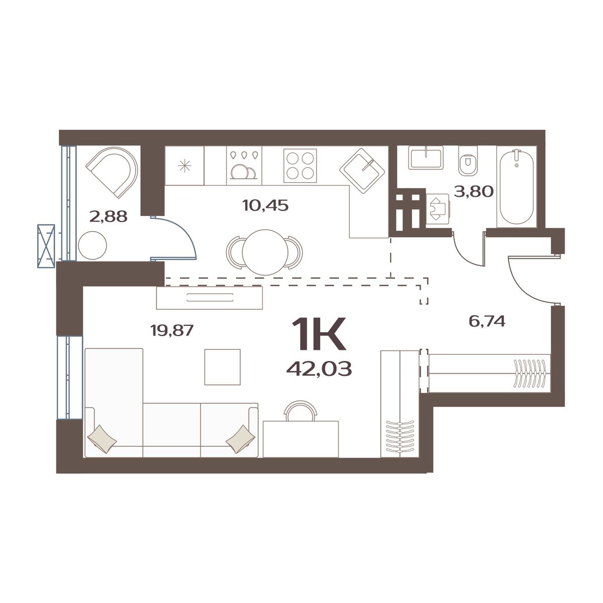 ЖК Меридианы Улисса, 1-комн кв 42,03 м2, за 5 924 000 ₽, 2 этаж